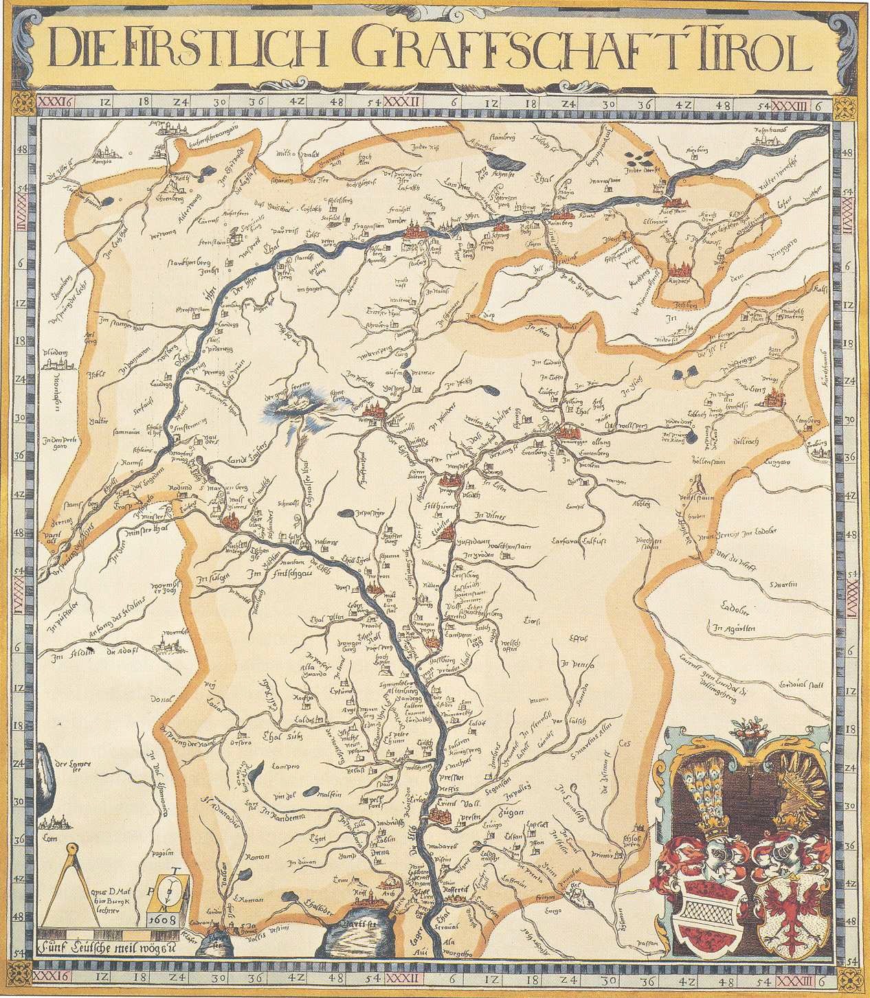 Ausführliches historisches Plakat der ersten deutschen Grafschaft Tirol-Karte, das geografische Merkmale wie Flüsse, Berge und Städte zeigt und von erklärendem Text begleitet wird.