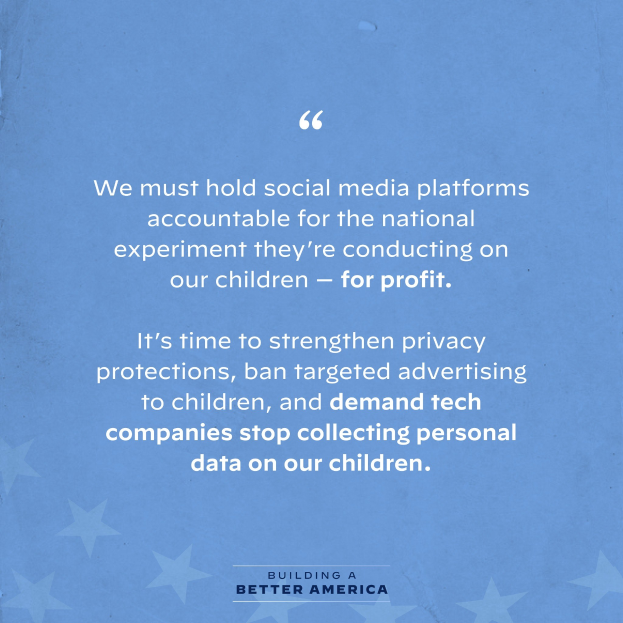Plakat mit einem Zitat aus Building a Better America, das besagt, "Wir müssen die sozialen Medien für das nationale Experiment, das sie an unseren Kindern durchführen - zum Profit - zur Rechenschaft ziehen." mit Sternen verziert.