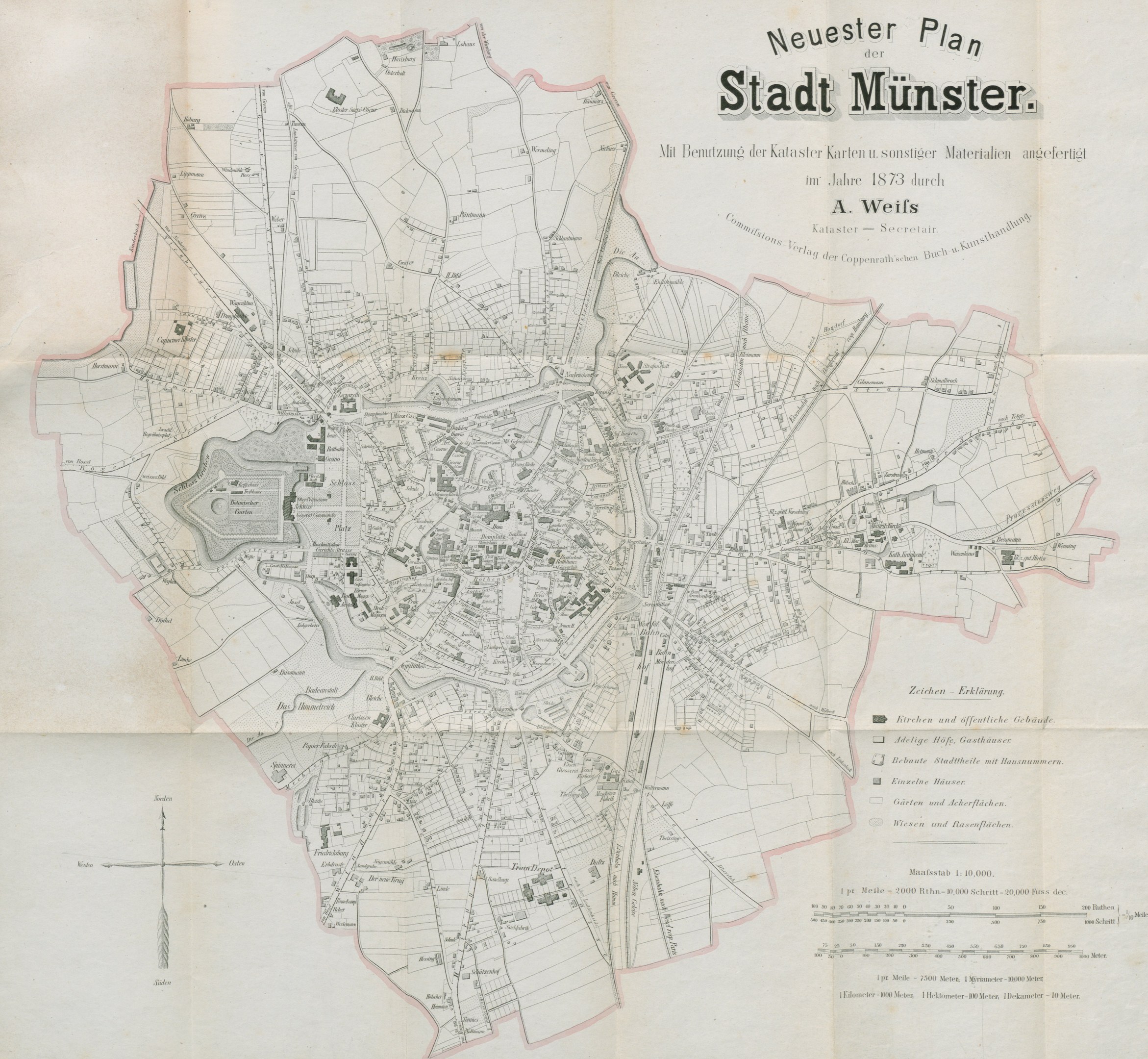 Detailreiche Karte von Stadt Münster, Deutschland, aus dem Jahr 1873 mit Textanmerkungen zur Stadtplanung.