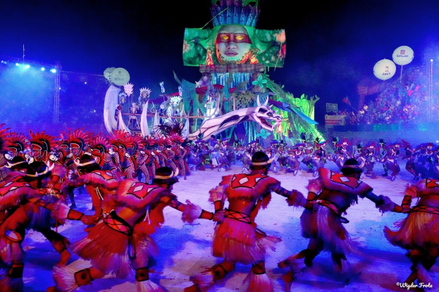 Eine Gruppe von Menschen in bunten Kostümen tanzt auf einer Bühne vor einem sitzenden Publikum, beleuchtet von Lichtern und umgeben von Pfählen und Ballons, mit einem Bildschirm im Hintergrund, der eine Person und andere Gegenstände zeigt, während des Rio-Karnevals 2014.