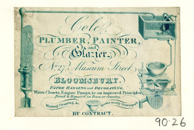 Eine alte Visitenkarte mit Abbildungen eines Installateurs, Malers und Glasers sowie Texten, die deren Dienstleistungen beschreiben.