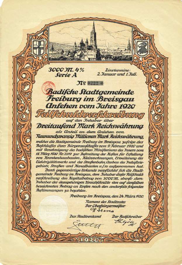 Altes deutsches Aktienzertifikat mit einer Stadtansicht und bedrucktem Text über seine Herkunft.