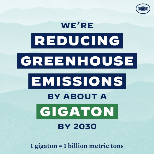 Plakat mit Text und Logo, das "Wir reduzieren die Treibhausgasemissionen um etwa eine Gigatonne bis 2030" verkündet und für eine signifikante Reduzierung der Treibhausgasemissionen bis 2030 eintritt.