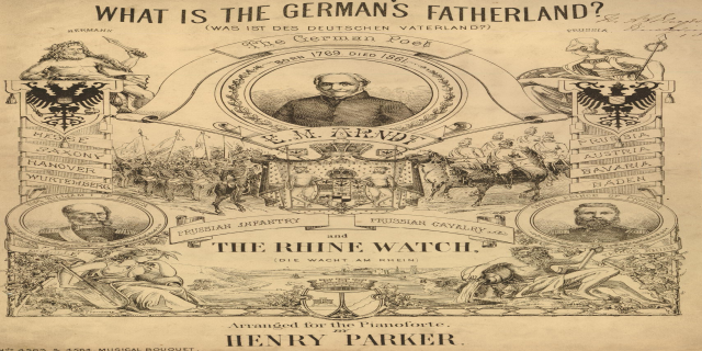 Eine Zeitung mit Bildern von Menschen und dem Text "Was ist das Vaterland der Deutschen? Die Rheinwacht von Henry Parker."