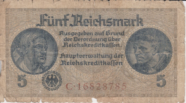 Alte deutsche 5 Reichsmark-Banknote mit Porträt eines Mannes, aus Deutschland.