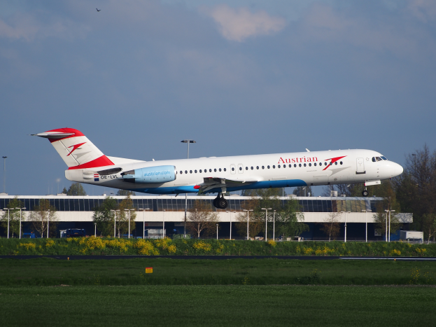 Ein Airbus A320-200 der Austrian Airlines, der vom Frankfurter Flughafen abhebt, mit grünem Gras, blühenden Pflanzen, Bäumen, Laternenmasten und einem Gebäude im Hintergrund unter einem bewölkten Himmel.