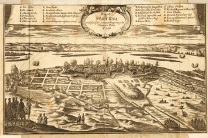 Ein detailliertes altes Stadtplan von Stuttgart, Deutschland, mit Straßen, Gebäuden, Menschen, Bäumen, Wasser und Text, der die Geschichte, Kultur und Sehenswürdigkeiten der Stadt beschreibt.