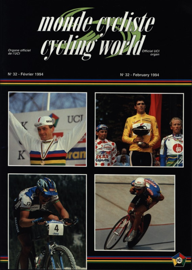 Ein Plakat der Februar 1994 Ausgabe der Monde Cycliste Radwelt Zeitschrift, das vier Radfahrer in Helmen auf Fahrrädern zeigt, mit dem Zeitschriftennamen oben.