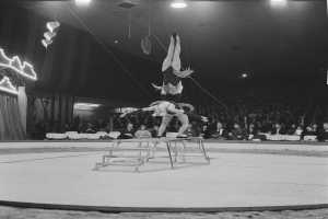 Zwei Akrobaten führen auf einer von Deckenleuchten beleuchteten Bühne eine Vorstellung auf, während das Publikum im Hintergrund sitzt.