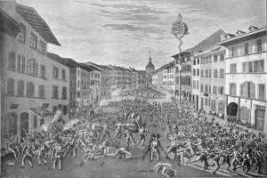Ein schwarz-weißes Bild einer vollen Stadtstraße mit Gebäuden auf beiden Seiten und einem Himmel im Hintergrund, mit dem Text "The Battle of Stuttgart" unten.