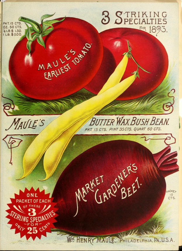 Ein Vintage-Plakat mit einer Vielfalt an farbigen Gemüsen, darunter Tomaten und Rote Bete, die in einem ansprechenden Muster mit überlappenden Elementen angeordnet sind, und der Text "Market Gardener's Beet" in einer fetten Schrift oben.