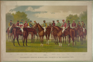Gruppe von Menschen auf Pferden auf einer grünen Wiese mit Bäumen und einem blauen Himmel, mit Text unten: "Feier der Siegerpferde und Jockeys des American Turf".