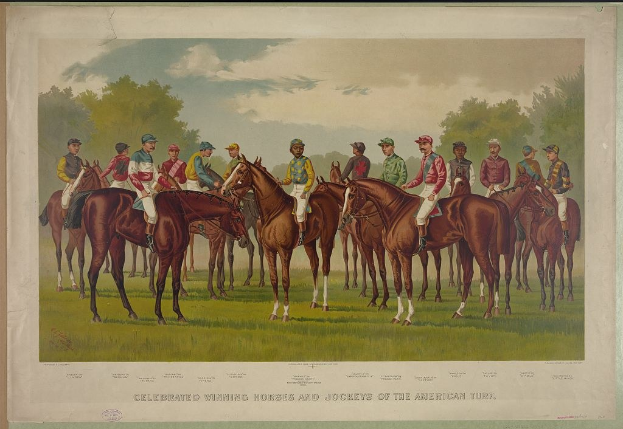Gruppe von Menschen auf Pferden auf einer grünen Wiese mit Bäumen und einem blauen Himmel, mit Text unten: "Feier der Siegerpferde und Jockeys des American Turf".