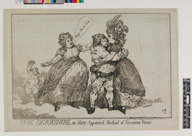 Ein Blatt Papier mit einer Zeichnung von zwei Frauen und einem Mann, Farboptionen oben und dem Text "The Devonshire, or Most Approved Method of Securing Votes".