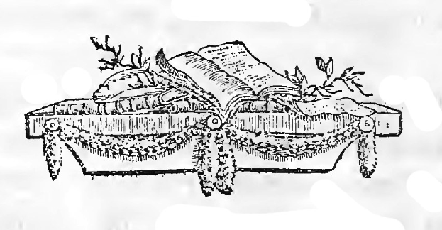 Eine Schwarz-Wei\00df-Zeichnung eines Geschenkschachts mit einem offenen Buch darauf, gebunden mit einer Schleife, geschm"uckt mit Stechpalmenbl"attern und Beeren.