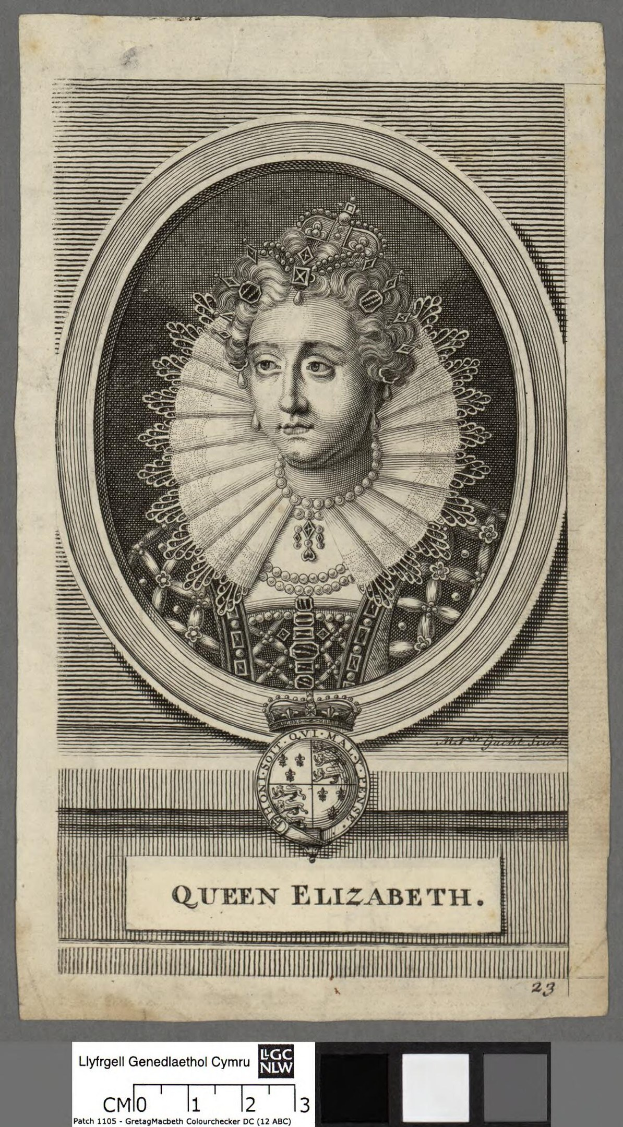 Porträt der Queen Elizabeth I. von England in königlicher Kleidung, einschließlich einer Krone und Tiara, mit grauem Hintergrund und Text unten.