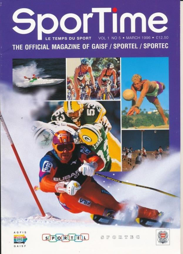 Ein Magazin-Cover mit der Aufschrift "Sporttime Magazine - März 1996", das Bilder von Skifahrern, Snowboardern, Text und Logos zeigt.
