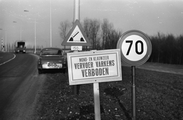 Schwarzes und weißes Foto eines Tempolimitschildes am Straßenrand mit einem vorbeifahrenden Auto, Bäumen, Masten und einem klaren Himmel im Hintergrund.