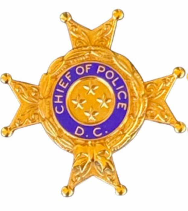 Ein goldener Polizei-Stern mit der Gravur "Polizeipräsident" in der Mitte auf einem weißen Hintergrund.