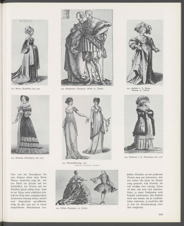 Ein aufgeschlagenes Buch mit verschiedenen Frauenkleidern aus dem 17. Jahrhundert, jedes mit einzigartigen Designs, begleitet von beschreibendem Text.