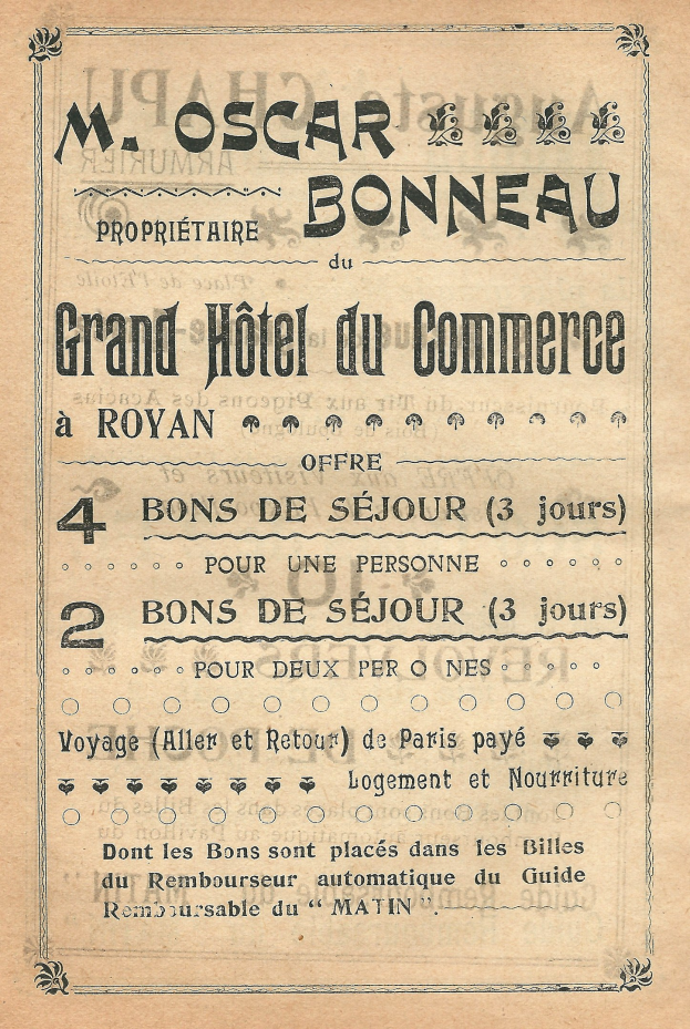 Alte Werbung für das Grand Hotel du Commerce in Paris, Frankreich, mit Text über die Angebote des Hotels.
