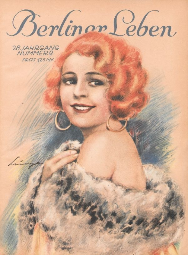 Frau mit roter Haarpracht auf dem Cover einer Berliner Leben-Zeitschrift im Stil der 1950er Jahre mit fetter schwarzer Schrift, die 'Berliner Lebens.' lautet