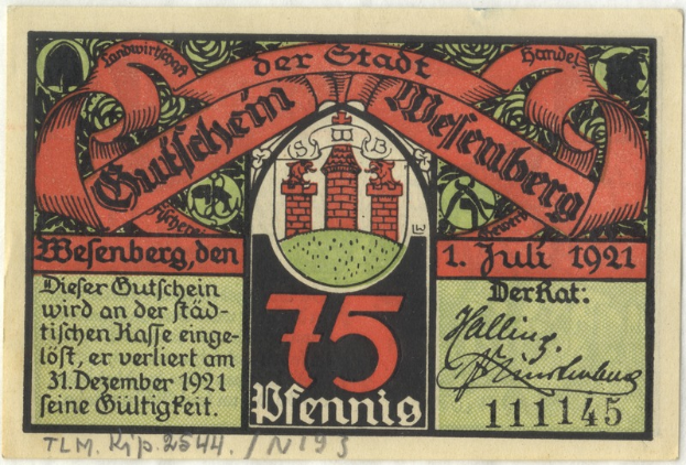 Eine alte deutsche Banknote mit einem Gebäude darauf, der Aufschrift 'Bundesliga' und einem Logo unten, vor einem weißen Hintergrund.