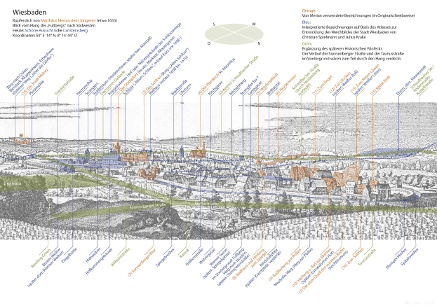 Ein detaillierter Stadtplan von Wiesbaden, Deutschland, mit verschiedenen Blautönen, Grüntönen und Gelbtönen, die verschiedene Gebiete darstellen, begleitet von Text, der die Geschichte der Stadt, die Bevölkerung, Sehenswürdigkeiten und interessante Punkte beschreibt.