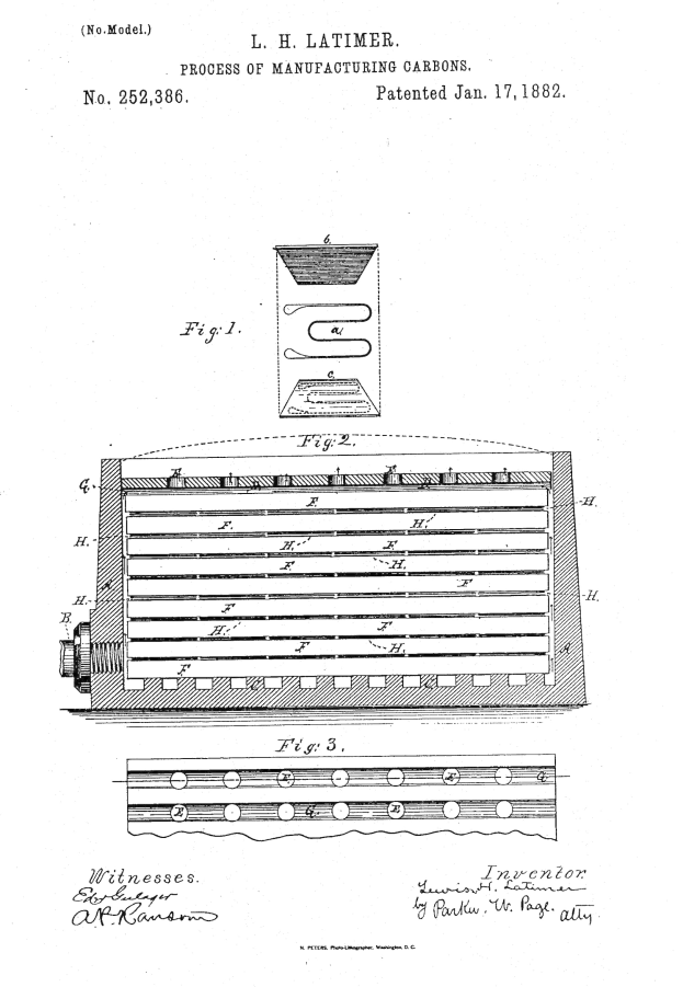 Schwarzes und weißes Patent-Zeichnung einer Maschine mit einem detaillierten Diagramm eines Geräts, betitelt "Prozess der Herstellung von Karbonen", Patent Nr. 252,386.
