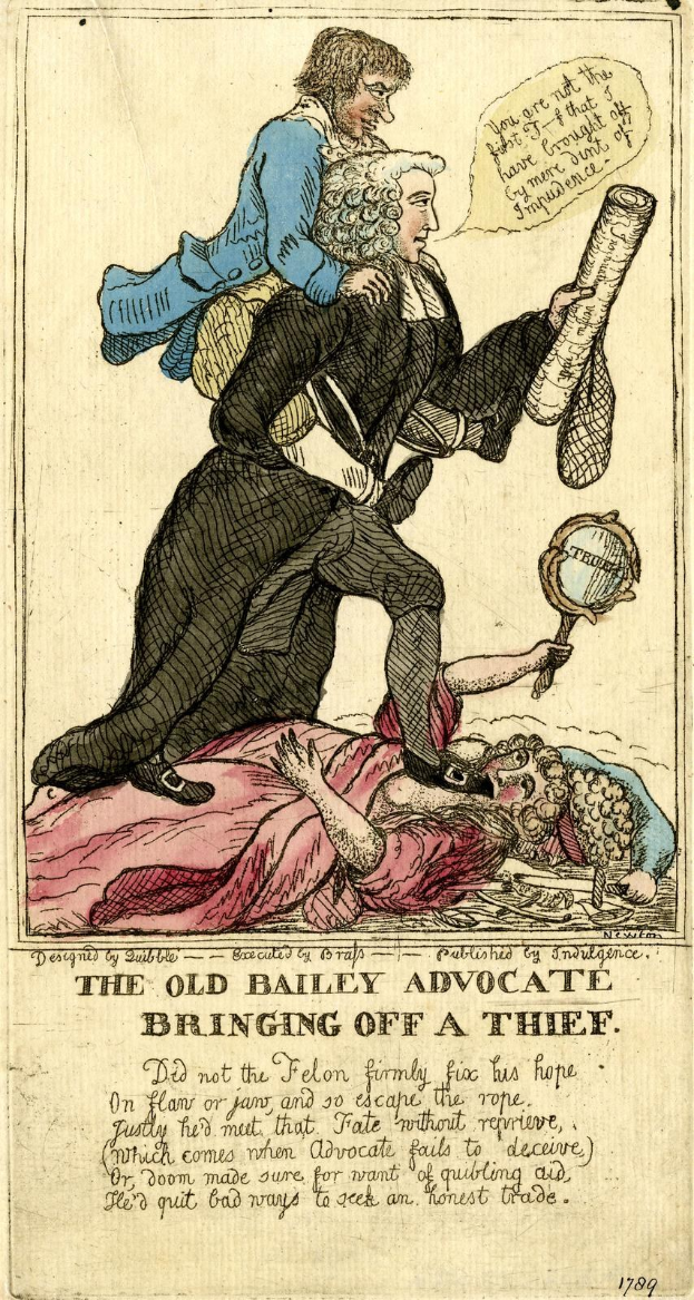 Ein Old-Bailey-Anwalt konfrontiert einen Dieb, während zwei andere daneben stehen und einer am Boden liegt, alles auf einem textmarkierten Papier.