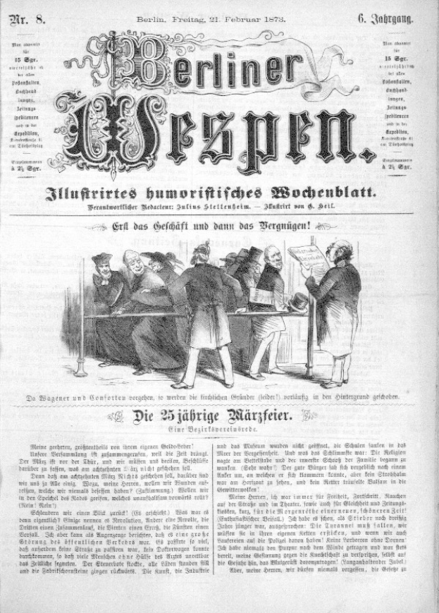 Eine alte Zeitung namens "Berliner Wespen" vom 21. Februar 1873, die eine Gruppe von Menschen in traditioneller deutscher Kleidung zeigt.