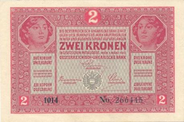 Eine 1944 deutsche Zwei-Kronen-Banknote in sehr gutem Zustand mit einem Porträt einer Frau.