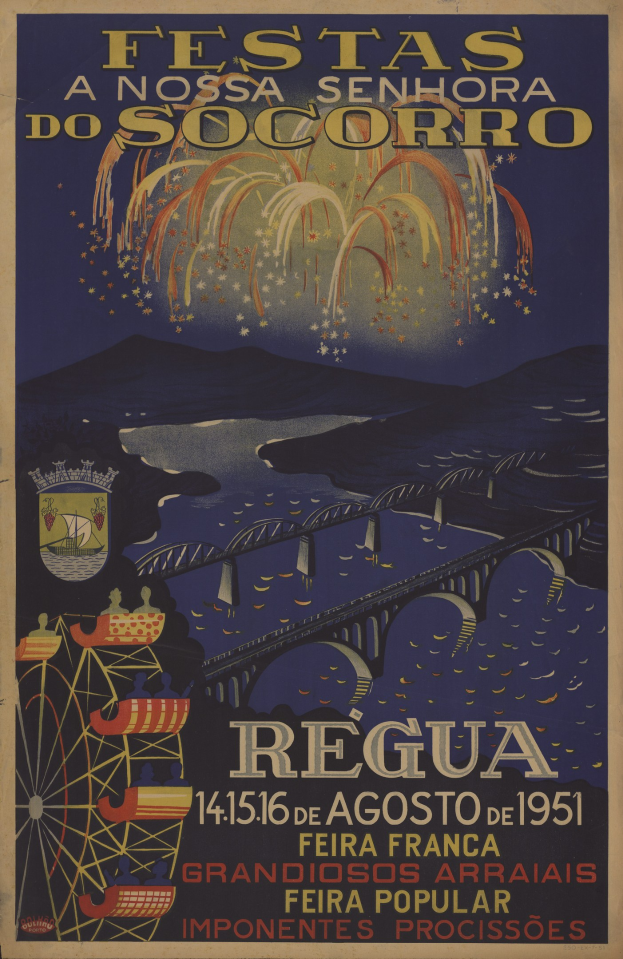 Festivalplakat in Brasilien mit Brücke, Wasser, Hügeln und Feuerwerk, das den Text zur Veranstaltung zeigt.