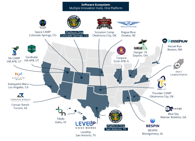 Eine Karte der Vereinigten Staaten, die Logos verschiedener Unternehmen innerhalb des Software-Ökosystems anzeigt, mit Text, der die Unternehmen und ihre Standorte beschreibt.