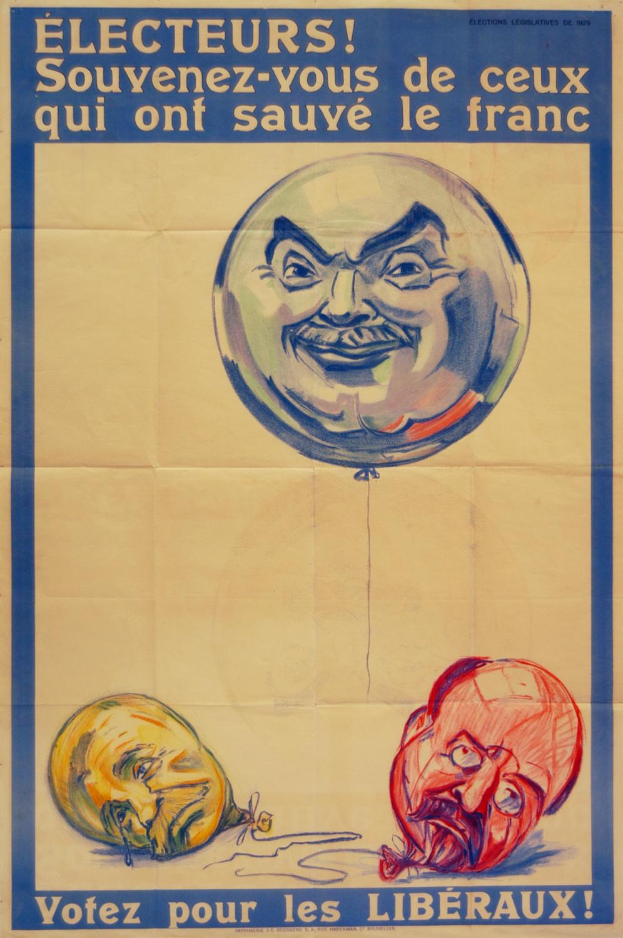 Ein französischer Wahlplakat aus den 1920er Jahren mit einem Mann, der einen Ballon hält und um die Wahl derer bittet, die Frankreich gerettet haben, als Erinnerung an die Französische Revolution und die Bedeutung des Wahlrechts.