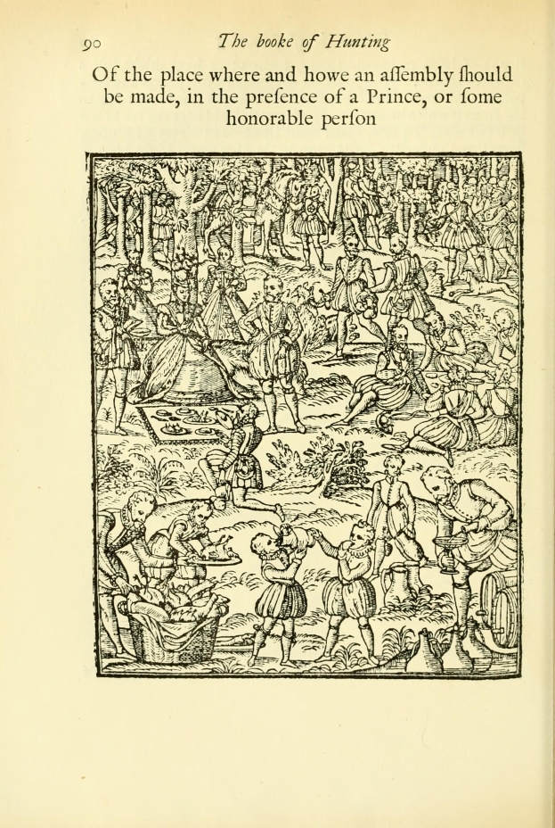 Ein aufgeschlagenes Buch mit dem Titel "Das Buch der Jagd" zeigt eine Zeichnung einer Gruppe von Menschen, die in einer üppigen grünen Landschaft mit Bäumen und Bergen in der Ferne jagen.