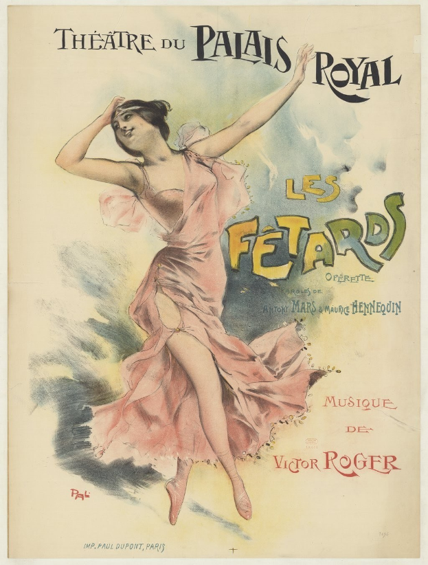 Plakat für das Königliche Theater von Patais mit einem Bild einer Frau in einem rosafarbenen Kleid und beschreibendem Text.