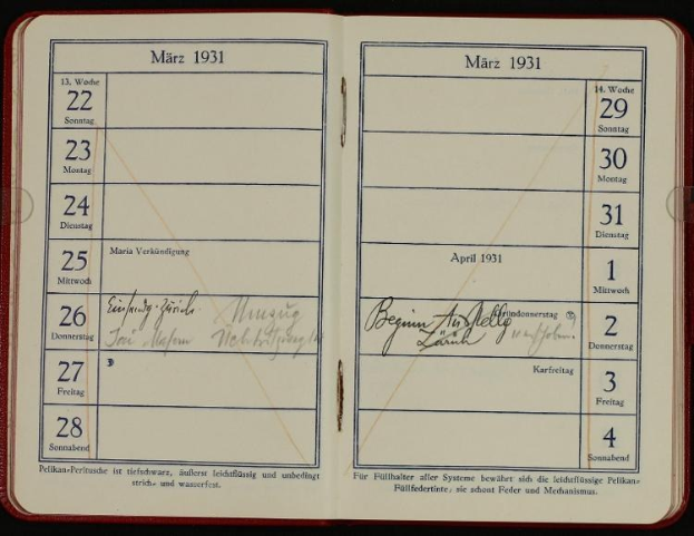 Offenes deutsches Tagebuch aus dem Jahr 1931 mit einem Kalender darauf, der handgeschriebene Zahlen und Text zeigt.