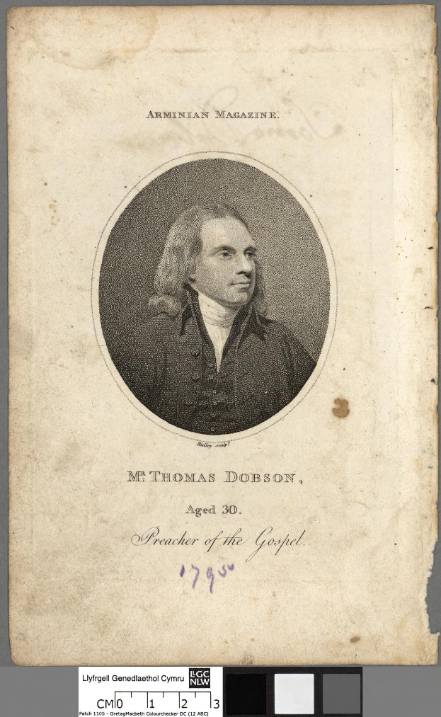 Portrait von Herrn Thomas Dobson, einem Prediger, mit ernstem Gesichtsausdruck, dunklem Haar und einem weißen Hemd und schwarzer Weste, mit gefalteten Händen.