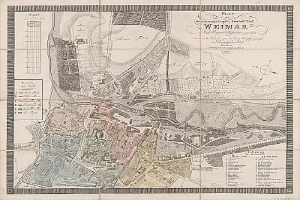 Ausführliche alte Karte von Weimar, Deutschland, zeigt Straßen, Gebäude und Sehenswürdigkeiten mit zusätzlichem Text über die Stadt.