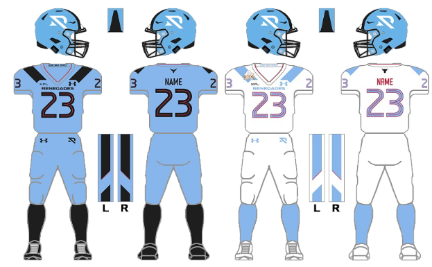 Ein Fußballtrikot mit einem blauen und weißen Farbschema, einschließlich eines T-Shirts, Shorts und eines Helms, das gegen einen weißen Hintergrund mit begleitendem Text dargestellt wird.