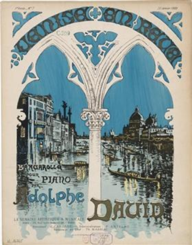 Plakatankündigung für ein Klavierkonzert in Venedig, Italien, mit einem Gemälde von Gebäuden, Wasser und einer Säule mit Text.