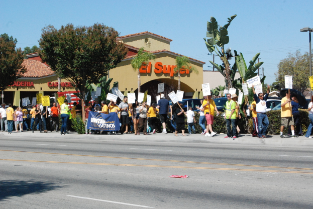 Eine Gruppe von Menschen mit Schildern, die gehen, mit Bäumen, Büschen, einer Fahne, einem Gebäude mit Namensschildern, Autos und aktuellen Umfragen im Hintergrund.