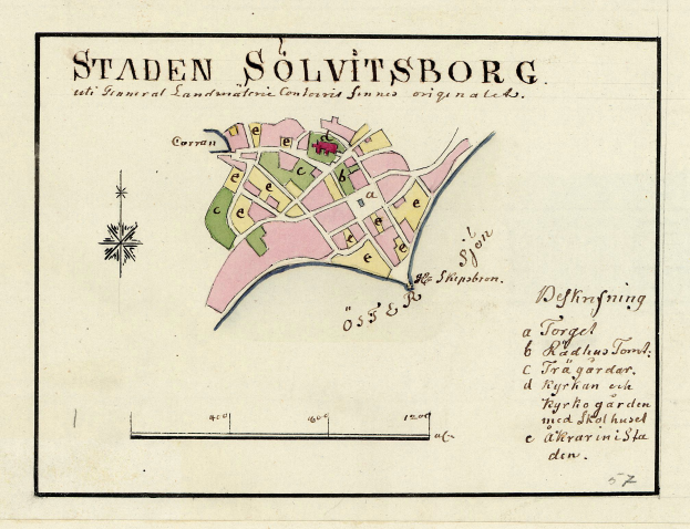 Detaillierte Papierkarte der Stadt Solvitsborg, Schweden, mit Straßen, Gebäuden und Landmarken mit handgeschriebener Text.