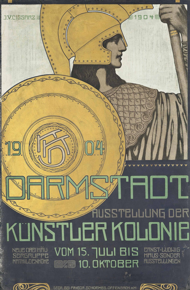 Plakat für ein 1904er Berlin-Konzert mit einem Helmträger, der ein Schild hält, mit fetter Schrift «Darmstadt» und «Künstler Kolonie»