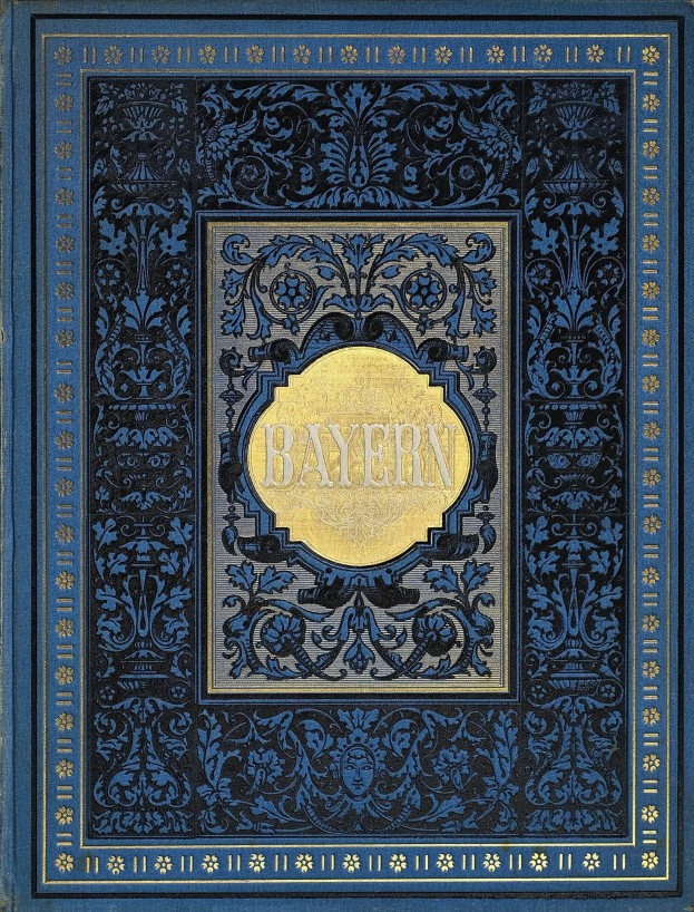 Ein blau-goldenes Buch mit dem Wort "Bayern" darauf, verziert mit aufwändigen Designs.