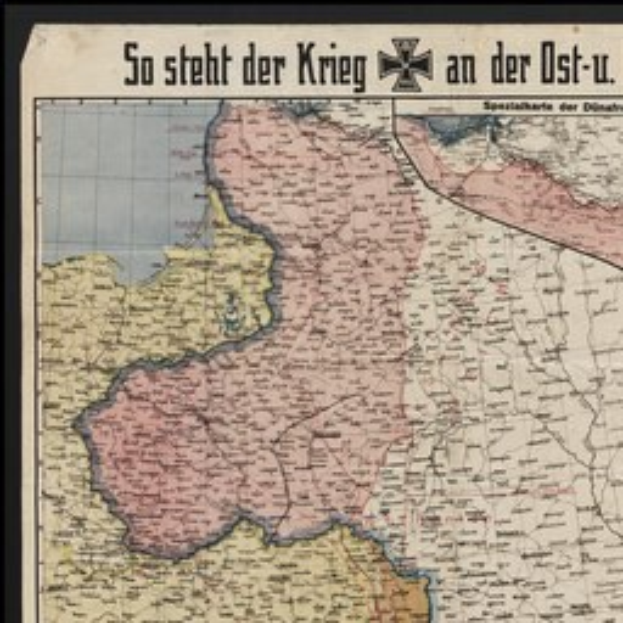 Ein gerahmtes Deutschland-Karte mit Textüberlagerung, die "So Steht der Krieg an der Ost-U" liest.