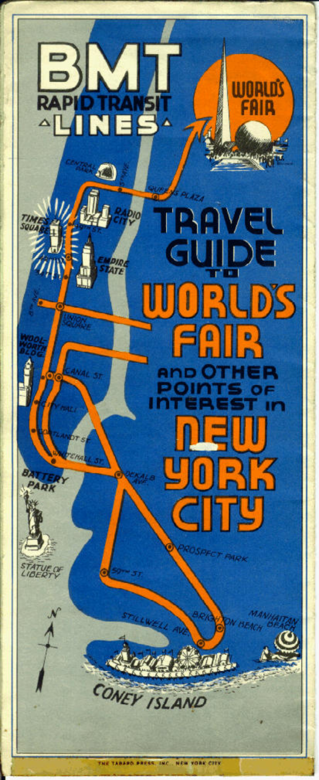 Plakat mit einer Karte der Weltausstellung in New York City, auf dem Text steht, der Informationen über die Ausstellung und ihre Attraktionen enthält.