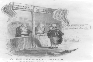 Ein Mann im Anzug steht entschlossen vor einer Tür, die mit "Ein demokratischer Wähler" beschriftet ist.