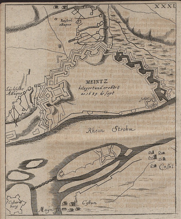 Alte detaillierte Karte von Meintz, Deutschland, zeigt Straßen, Gebäude, Sehenswürdigkeiten und historischen Text einschließlich Bevölkerung, Lage und Geschichte.